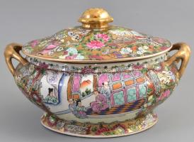 Kínai porcelán virágmintás húsos tál + leveses tál, kézzel festett, jelzett, kopásnyomokkal, 29×23 c...