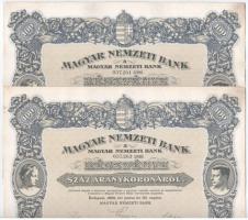 Budapest 1924. Magyar Nemzeti Bank részvény 100K-ról (2x), sorszámkövetők 037.261-037.262, szelvényekkel, szárazpecséttel T:I-,II fo. / Hungary 1924. Magyar Nemzeti Bank Hungarian National Bank share about 100 Korona (2x) with sequential serials, with coupons, embossed stamp C:XF spotted