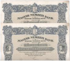 Budapest 1924. Magyar Nemzeti Bank részvény 100K-ról (2x), sorszámkövetők 029.493 - 029.494, szelvényekkel, szárazpecséttel T:I-,II fo. / Hungary 1924. Magyar Nemzeti Bank Hungarian National Bank share about 100 Korona (2x) with sequential serials 029.493 - 029.494, with coupons, embossed stamp C:XF spotted