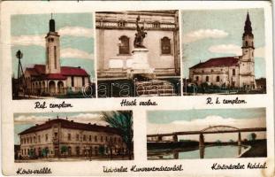1949 Kunszentmárton, Református templom, Hősök szobra, emlékmű, Római katolikus templom, Körös szálloda, Körös részlet a híddal (EK)