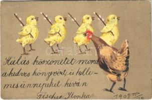 1903 Csirkék. Kézzel festett húsvéti üdvözlet / Chicken. hand-painted Easter greeting art postcard