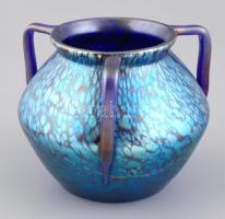 Szecessziós díszüveg váza. Irizáló fúvott üveg. 1900 körül Pantocsek? Hibátlan. d:14 cm, m: 11 cm