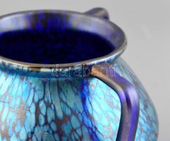 Szecessziós díszüveg váza. Irizáló fúvott üveg. 1900 körül Pantocsek? Hibátlan. d:14 cm, m: 11 cm