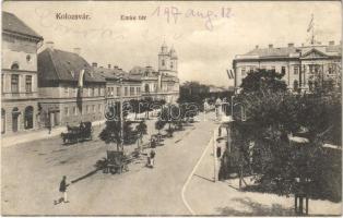 Kolozsvár, Cluj; Emke tér, magyar zászló. Gombos Ferenc kiadása / square, Hungarian flag