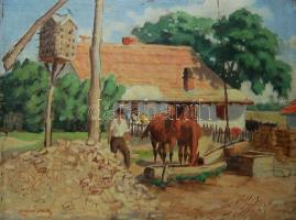 Gannay János (1905-): Lóitatás; olaj-fa, szignált 46x60 cm