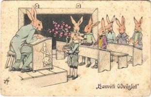 Húsvéti üdvözlet! Nyúl iskola / Easter greeting postcard, rabbit school. H.W.i.B. Serie 113. (fl)