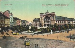 1912 Budapest VII. Keleti pályaudvar, Baross szobor, villamosok (EK)