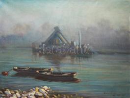 Olaszi Sándor (1902-): Kotróhajó Szentendrénél olaj-vászon, szignált 60x90 cm
