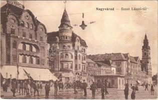 1915 Nagyvárad, Oradea; Szent László tér, Fekete Sas nagy szálloda, Vigadó Mozgó mozi, Első magyar biztosító. Vasúti levelezőlapárusítás 2151. / square, hotel, shops, insurance company, cinema (fl)