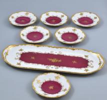 Reichenbach porcelán süteményes készlet, tál + 6 db tányér. Matricás, jelzett, kis kopásnyomokkal, a tál alján viaszfolttal, 38x15 cm és d: 12,5 cm