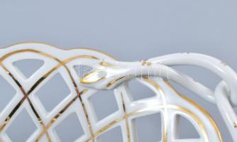 Herendi virágmintás áttört tál, kézzel festett, jelzett, kis mázhibával, 35x22x8 cm