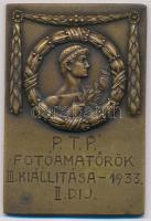 1933. &quot;P.T.P. Fotóamatőrök III. kiállítása - 1933 - II. díj&quot; egyoldalas Br plakett (61x42mm) T:2