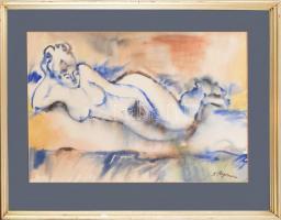 Natalia Bejenaru (1951-): Fekvő női akt. Akvarell papír, jelzett, üvegezett keretben, 36x51 cm