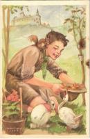 A cserkész szereti a természetet, jó az állatokhoz és kíméli a növényeket. Cserkész levelezőlapok kiadóhivatala / Hungarian boy scout art postcard s: Márton L. (fl)