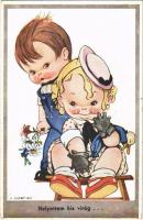 Helyettem kis virág... / Italian Children art postcard, romantic couple. 4655-4. s: L. Martini