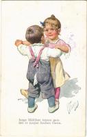 1921 Junge Mädchen tanzen gern mit so jungen feschen Herrn / Children art postcard, romantic couple. B.K.W.I. 777-5. s: K. Feiertag (fl)