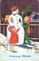 Karácsonyi üdvözlet / Christmas greeting art postcard with snowman. Berma 143. (b)