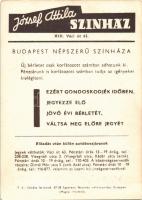 Bárány Frigyes. József Attila színház (Budapest XIII. Váci út 63.) reklámlapja (non PC) (EK)