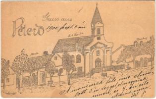 1900 Bakonypéterd, Péterd; Római katolikus templom, iskola és plébánia. Kézzel rajzolt s: Wöninger + DOMBÓVÁR-GYŐR 226. SZ.C. mozgóposta