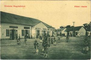 Nagykálló, Fő tér, Krajnik Márton, Bory Gyula, Liszer P. üzlete, dohány és szivar főtőzsde. Kapható Sarkady Józsefnél, W.L. (?) 2216. (EK)