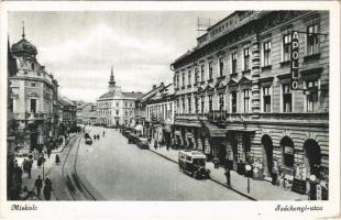 Miskolc, Széchenyi utca, üzletek, autóbusz, automobilok (EK)