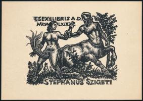 Sterbenz Károly (1901-1993): Ex libris Stephanus Szigeti, erotikus fametszet, papír, 7,5×10 cm