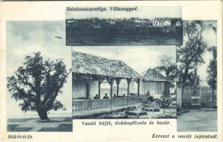 1933 Balatonakarattya, Villanegyed, Rákóczi fa, Kereszt a vasúti bejáratnál, Vasúti büffé, dohánytőzsde és bazár, automobil + KESZTHELY-BUDAPEST 48. mozgóposta