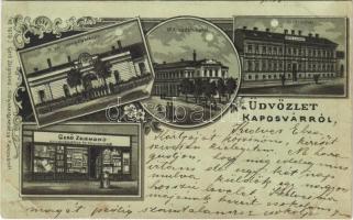 1899 (Vorläufer) Kaposvár, M. kir. honvédlaktanya, M. kir. adóhivatal, Ipar udvar, Gerő Zsigmond üzlete és saját kiadása. Art Nouveau, floral, litho