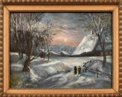 Margit jelzéssel: Téli naplemente. Olaj, karton. Dekoratív üvegezett fa keretben. 12,5×17 cm