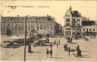 1917 Temesvár, Timisoara; Vármegyeház, Losonczy út, gyógyszertár, piac / county hall, street, pharmacy, market