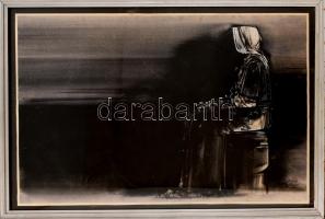 Pető János (1940-2009): Ülő alak, 1987. Vegyes technika, papír. Üvegezett fa keretben. 44,5x65 cm