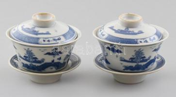 2 db kínai porcelán teáscsésze aljjal és fedéllel, kézzel festettek, jelzettek, kisebb kopásnyomokkal, d: 10,5 cm