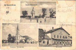 Újszentanna, Új-Szt.-Anna, Szentanna, Santana; Szentháromság szobor, vasútállomás, Ferenc József tér, Takarékpénztár, Waigand János üzlete / Trinity statue, railway station, square, savings bank (fa)