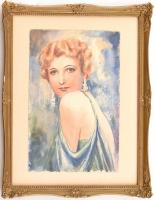 Szőnyi (Steidl) Jenő (1902-1993): Elegáns hölgy portréja, 1942. Akvarell papír. Jelzett. Díszes, aranyozott, üvegezett keretben. 24x16,5 cm