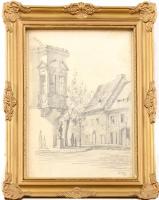 Szotyori-Nagy Mihály (1933-): A régi városháza a budai várnegyedben, 1965. Ceruza, papír. Jelzett. Üvegezett, dekoratív historizáló fa keretben. 30,5x21 cm