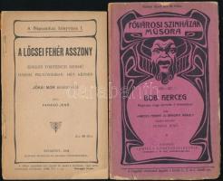 Faragó Jenő: A lőcsei fehér asszony. Énekes történeti színmű három felvonásban, hét képben. Jókai Mór regényéből írta: - -. Népszínház Könyvtára I. Bp., 1904, Kunossy Vilmos és Fia, 61 p. Kiadói kissé szakadt papírkötés, a borító sarkán kis hiánnyal, egy lap szakadt. + Martos Ferenc-Bakonyi Károly: Bob herceg. Regényes nagy operette 3 felvonásban. Zenéjét szerezte: Huszka Jenő. Fővárosi Színházak Műsora. Bp.,1903, Lampel, 56 p. Kiadói szakadt papírkötés, a hátsó borító leszakadt.