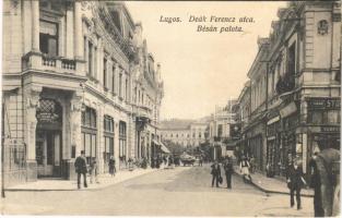 1916 Lugos, Lugoj; Deák Ferenc utca, Bésán palota, Coros kávéház, Stöhr Ferenc üzlete. Auspitz Adolf kiadása / street, palace, cafe, shops