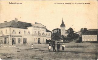 Szászlekence, Lekence, Lechnita, Lechnitz; Evangélikus iskola és templom, Csallner & Gross üzlete. Ámirás és Nik utóda Móritz Gusztáv kiadása / Lutheran church and school, shop