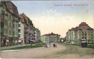 Temesvár, Timisoara; Belváros, Ferenc József út, villamos, üzletek. Nyomta Glass és Tuscher képeslapgyára / street, tram, shops (EK)