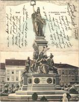 1908 Arad, Tizenhárom vértanú szobor, Weigl Adolf és társa, kávéház, Aradi emléktárgyak nagy áruháza, ajándékok és játékszerek. Két részes lkihajtható panorámalap / martyrs statue, cafe, shops. 2-tiled folding panoramacard (fl)