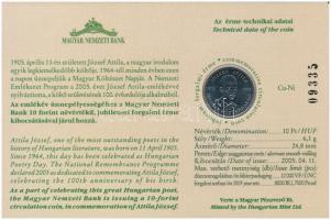 2005. 10Ft Cu-Ni "József Attila" sorszámozott emléklapon T:1