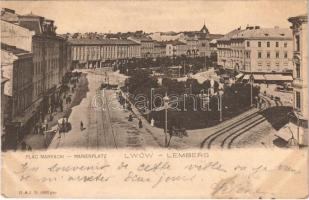 1902 Lviv, Lwów, Lemberg; Plac Maryacki / Marienplatz / square, tram, shops (fl)