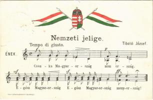 1931 Tiboldi József: Nemzeti Jelige. Magyar címeres és zászlós irredenta kottás lap / Hungarian irredenta music sheet with coat of arms and flags