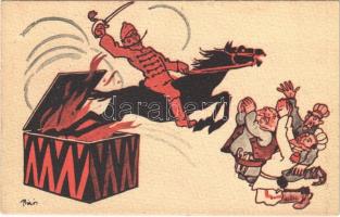 Humoros világháborús grafikai lap. Magyar krampusz huszár az Antant hatalmak ellen. Kiadja a Magyar Földrajzi Intézet Rt. / Austro-Hungarian Krampus hussar. Anti-Triple Entente propaganda card s: Bíró (EB)