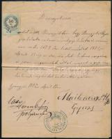 1875 Mailend Alajos gyöngyösi gépész által kiállított és aláírt bizonyítvány Bengyel Alajos gépész részére annak kiképzéséről és kitűnő munkájáról, Horner István polgármester aláírásával és pecsétjével, 50kr okmánybélyeggel