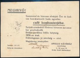 1936 A Lusztig Béla által vezetett Apolló Kávéház (Bp. II. ker.) meghívója Café Bonbonierjébe, a vezető saját kezű aláírásával