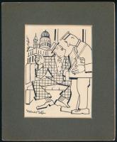 1930 Gyenes Gitta (1897-1960, a Képzőművészek Új Társasága (KUT) tagja): Amerikai turista Londonban, tus, papír, paszpartuban, 10×7 cm