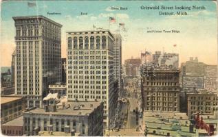 1920 Detroit (Michigan), Griswold Street looking North, Penobscot, Ford, Dime Bank and Union Trust Buildings, tram (crease)
