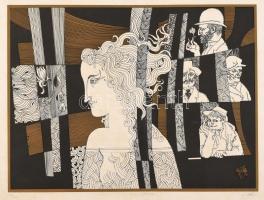 Szász Endre (1926-2003): Régi szeretők. Szitanyomat, papír, jelzett, kartonra kasírozva, közepén törésnyommal,lap széle kissé foltos, 34,5×46 cm