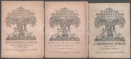 B. H. King-Waltham: A fehér pokol. Ford.: Ajtai Kálmán. A Zászlónk Könyvtára 11. sz. Bp., 1934, Élet. 59 p. Kissé szakadt kiadói papírkötés. + A Zászlónk Diákkönyvtára 4 kötete: Tordai Ányos: Mikes Kelemen. 15-16. szám; Sárándy István: A magyar aviatika története. 17. szám; Radványi Kálmán: A gelencei fényjelek. 18-19. szám; Somlay Károly: A boldogság szigete. 108-112. szám. Bp., 1921/1924, Magyar Jövő Ifjúsági Irodalmi Rt. 79+51+91+83 p. Kiadói papírkötés, helyenként kis szakadásokkal, az egyik kopott, a könyvtesttől elvált borítóval.